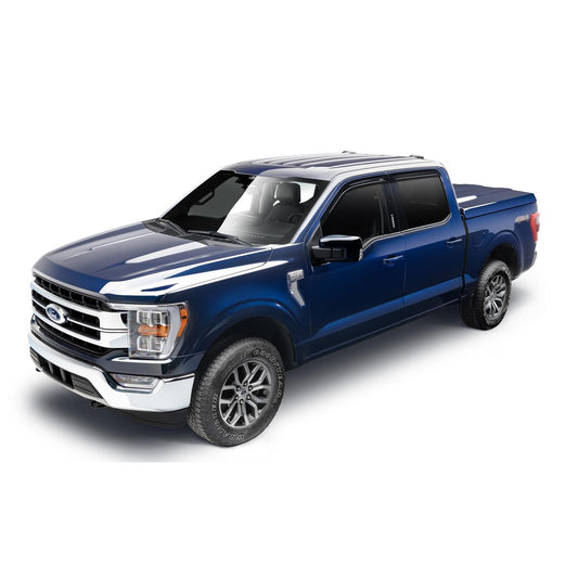 Husky Liners | Low Profile Ventvisor Deflector Smoke Outside Mount 4 Piece For 2015-2025 F-150 Lightning, F-250 Super Duty, F-350 Super Duty, F-450 Super Duty Husky Liners | 2854044 on a blue Ford truck.