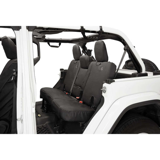 BESTOP | Jeep Wrangler Seat Covers For Jeep 2018-2023 Wrangler JL 4 Door Rear With Fold Down Arm Rest Premium Vinyl Fabric Black Diamond Bestop | 29291-35 installed in a Jeep Wrangler