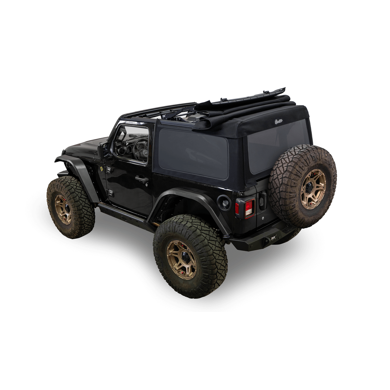 BESTOP | Supertop Glide Jeep 2018-26 Wrangler JL 2-Door Squareback, Premium Black Twill Bestop | 54728-17 on a black Jeep.