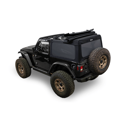 BESTOP | Supertop Glide Jeep 2018-26 Wrangler JL 2-Door Squareback, Premium Black Twill Bestop | 54728-17 on a black Jeep.