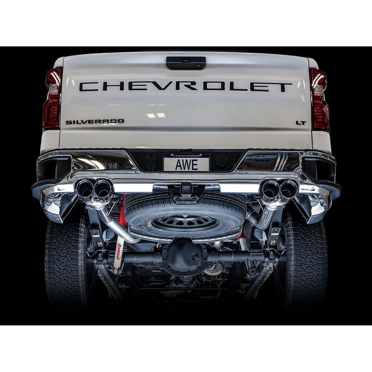 AWE 0FG Catback Split Rear Exit Exhaust for 4th Gen Silverado/Sierra 1500 5.3L (With Bumper Cutouts) 4 Inch Quad Tips