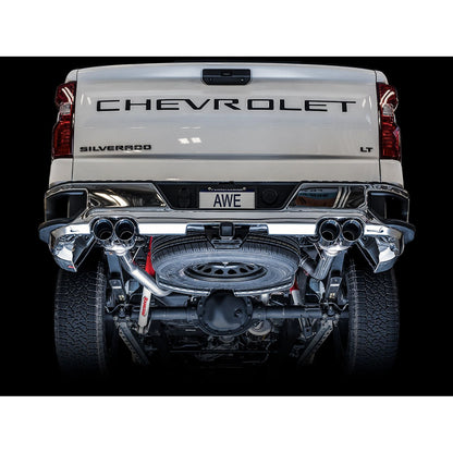 AWE 0FG Catback Split Rear Exit Exhaust for 4th Gen Silverado/Sierra 1500 5.3L (With Bumper Cutouts) 4 Inch Quad Tips