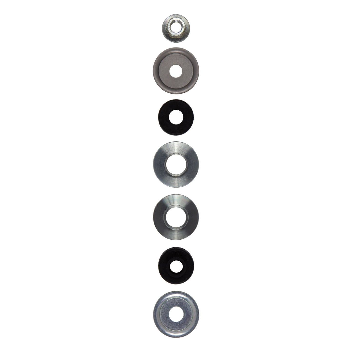 Assorted washers stacked vertically, including metal and rubber types, for various applications.