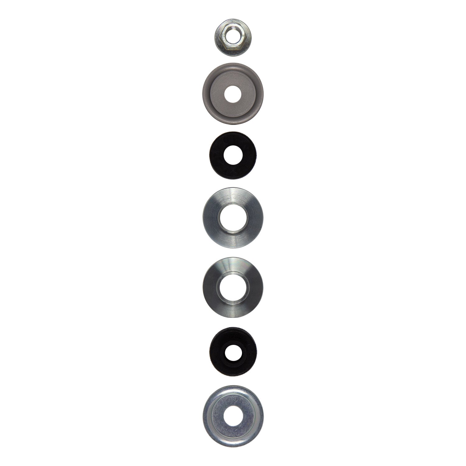 Assorted washers stacked vertically, including metal and rubber types, for various applications.