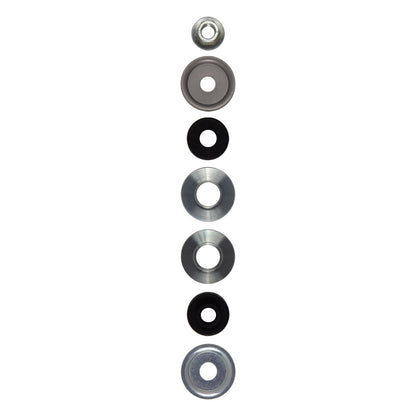 Assorted washers stacked vertically, including metal and rubber types, for various applications.