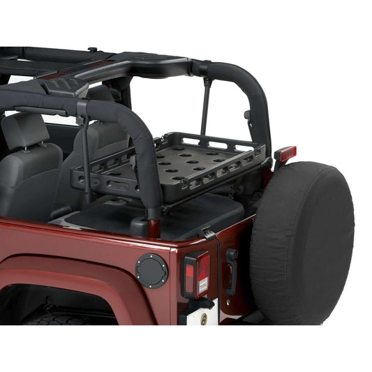 BESTOP | Universal Tray For Jeep Wrangler JK/TJ/YJ 43x23x4 Black Polymer Composite Bestop | 41444-01 mounted on a Jeep.