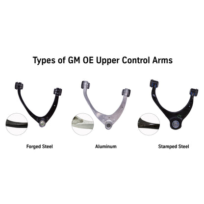 Types of GM OE Upper Control Arms: Forged Steel, Aluminum, Stamped Steel for enhanced vehicle performance.