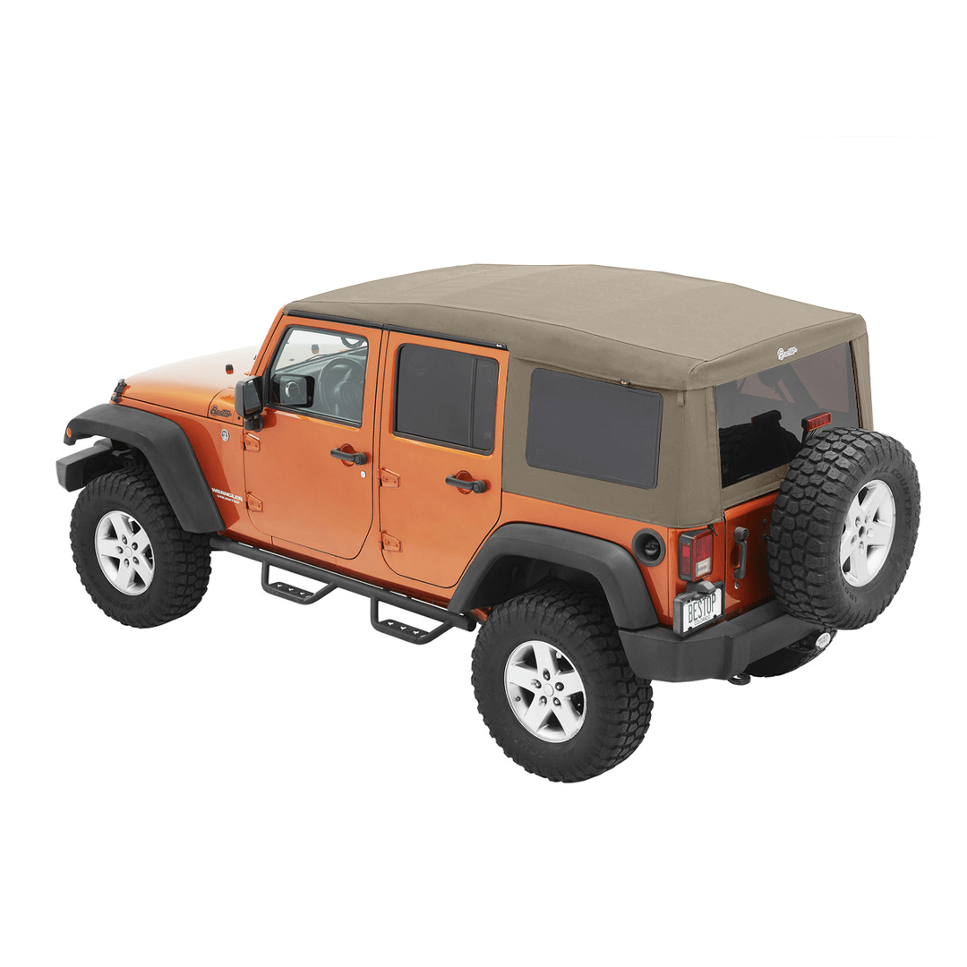 BESTOP | Supertop Ultra Squareback Soft Top For Jeep 2007-2018 Wrangler JK 4 Door Pebble Beige Bestop | 54724-74 installed on orange Jeep.