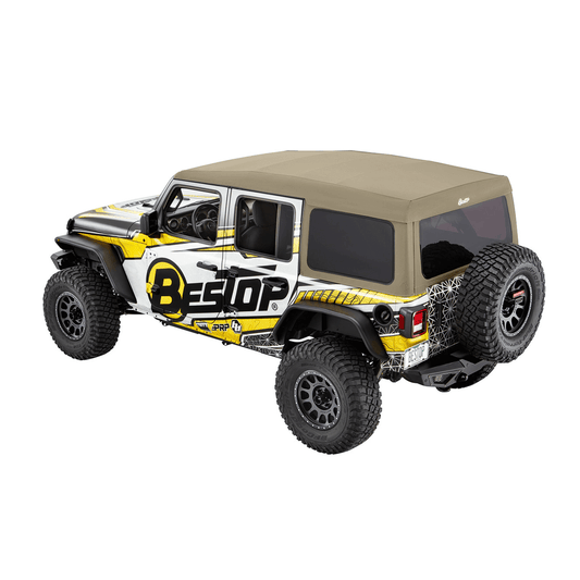 BESTOP | Supertop Ultra Jeep '18-26 Wrangler JL 4-Door Pebble Beige Bestop | 54725-74 on a Jeep with beige soft top.