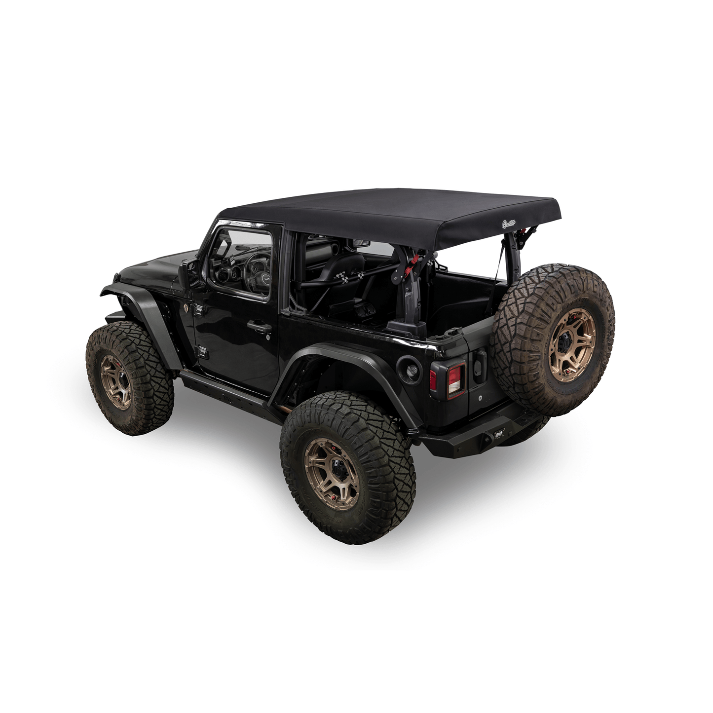 BESTOP | Supertop Glide Jeep 2018-26 Wrangler JL 2-Door Squareback, Black Diamond Bestop | 54728-35 on a black Jeep.