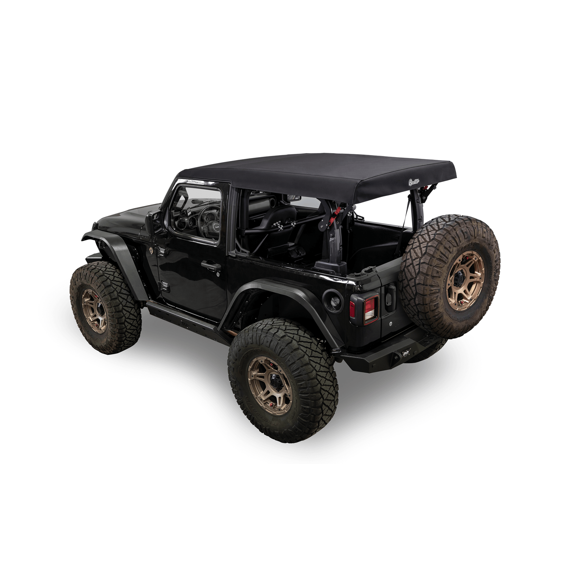 BESTOP | Supertop Glide Jeep 2018-26 Wrangler JL 2-Door Squareback, Black Diamond Bestop | 54728-35 on a black Jeep.