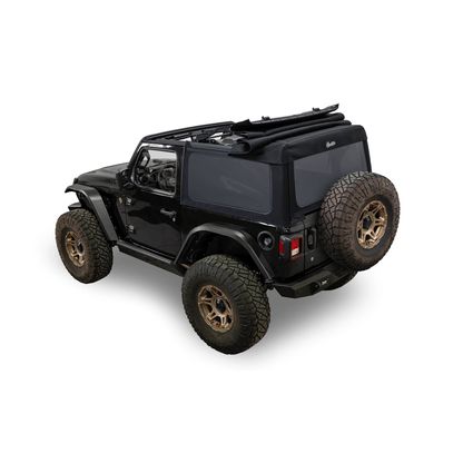 BESTOP | Supertop Glide Jeep 2018-26 Wrangler JL 2-Door Squareback, Black Diamond Bestop | 54728-35 on a black Jeep.