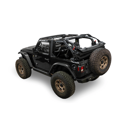 BESTOP | Supertop Glide Jeep 2018-26 Wrangler JL 2-Door Squareback, Black Diamond Bestop | 54728-35 on a black Jeep