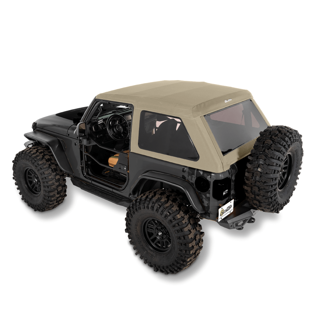 BESTOP | Jeep Wrangler Trektop Glide Slantback Soft Tops For Jeep 2018-Current Wrangler JL 2 Door Pebble Beige Bestop | 54930-74 on a black Jeep