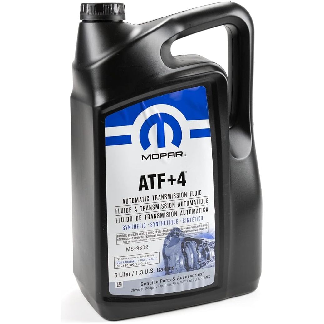 Mopar ATF+4 5L Fluid Automatic Transmission in a synthetic fluid container for optimal vehicle performance.