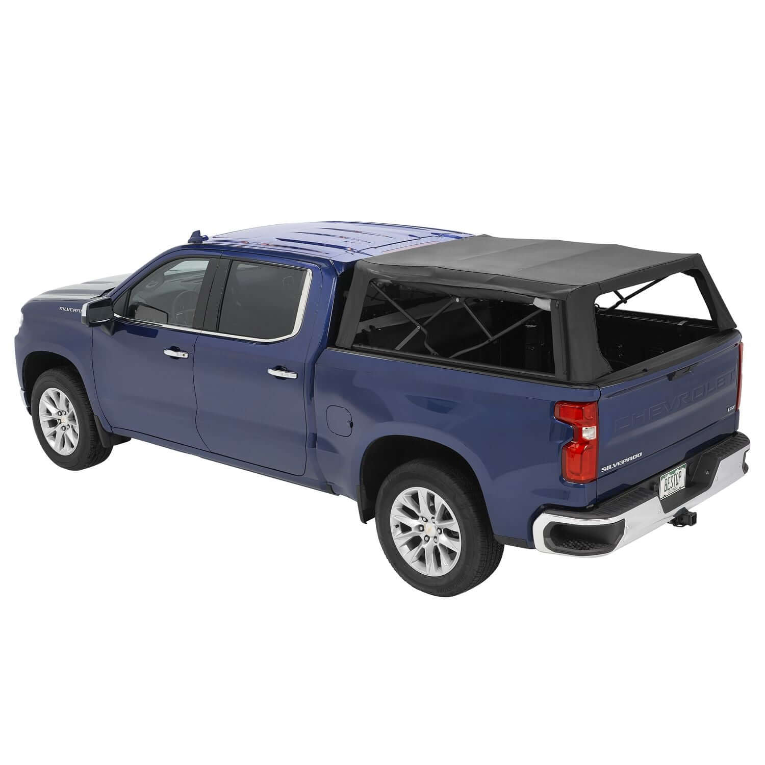 BESTOP | Supertop Truck Bed Cap 2 For Chevy/GMC 2019-2024 Silverado/Sierra 1500 5.8 Foot Black Diamond PVC Coated Sailcloth No Drill Bestop | 77318-35 on blue truck