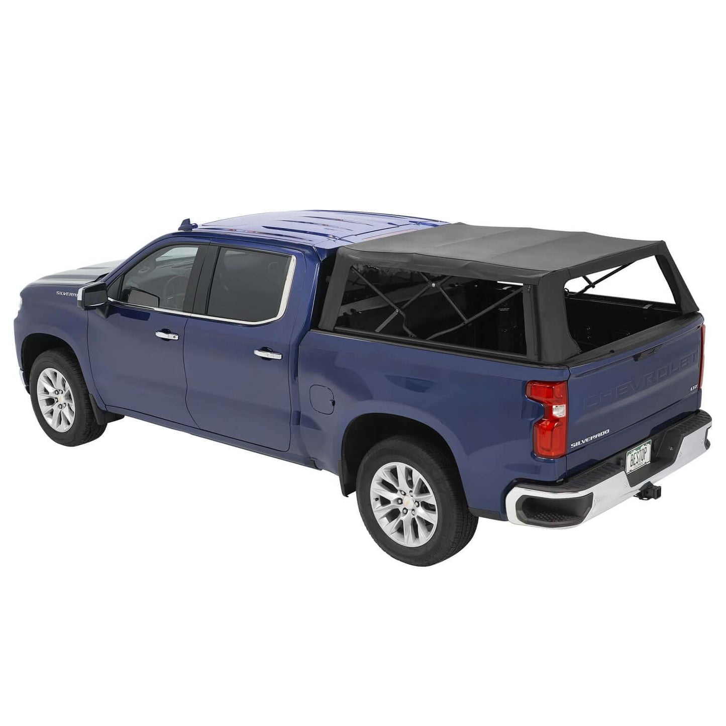 BESTOP | Supertop Truck Bed Cap 2 For Chevy/GMC 2019-2024 Silverado/Sierra 1500 5.8 Foot Black Diamond PVC Coated Sailcloth No Drill Bestop | 77318-35 installed on a blue truck.