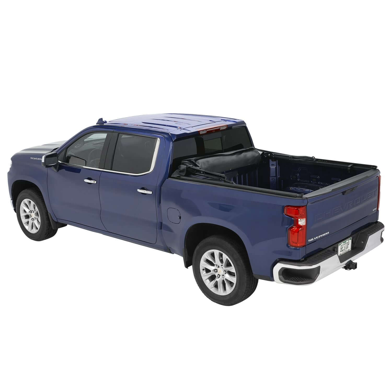 BESTOP | Supertop Truck Bed Cap 2 For Chevy/GMC 2019-2024 Silverado/Sierra 1500 5.8 Foot Black Diamond PVC Coated Sailcloth No Drill Bestop | 77318-35 on blue truck