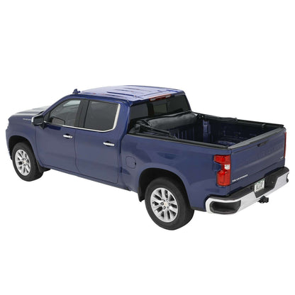 BESTOP | Supertop Truck Bed Cap 2 For Chevy/GMC 2019-2024 Silverado/Sierra 1500 5.8 Foot Black Diamond PVC Coated Sailcloth No Drill Bestop | 77318-35 on blue truck