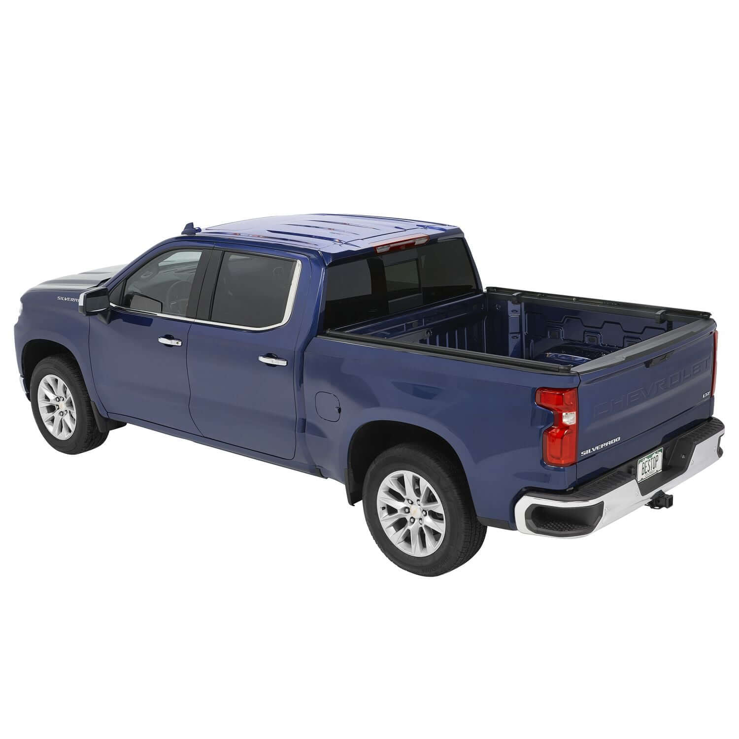 BESTOP | Supertop Truck Bed Cap 2 For Chevy/GMC 2019-2024 Silverado/Sierra 1500 5.8 Foot Black Diamond PVC Coated Sailcloth No Drill Bestop | 77318-35 on truck.