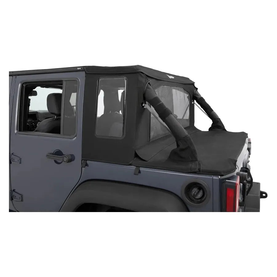 Bestop Halftop Soft Top Conversion Kit Black Twill I 80102-17 installed on a Jeep JK Wrangler.