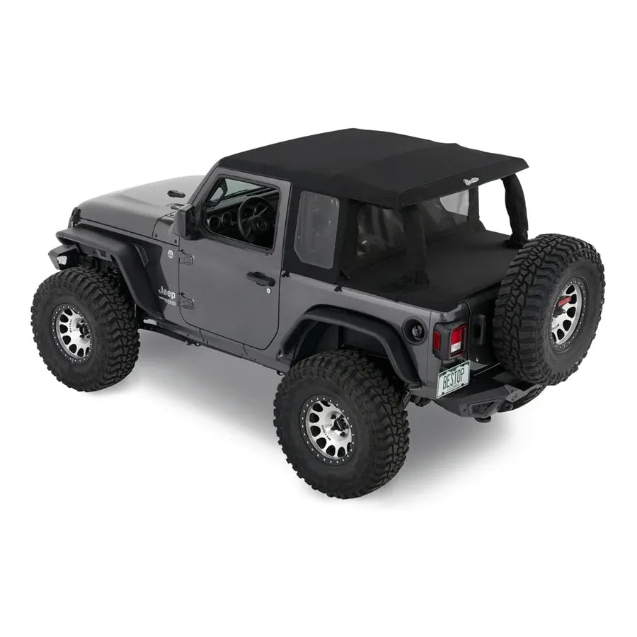 Bestop Halftop Soft Top Conversion Kit Black Diamond I 80102-35 installed on a gray Jeep Wrangler with off-road tires.