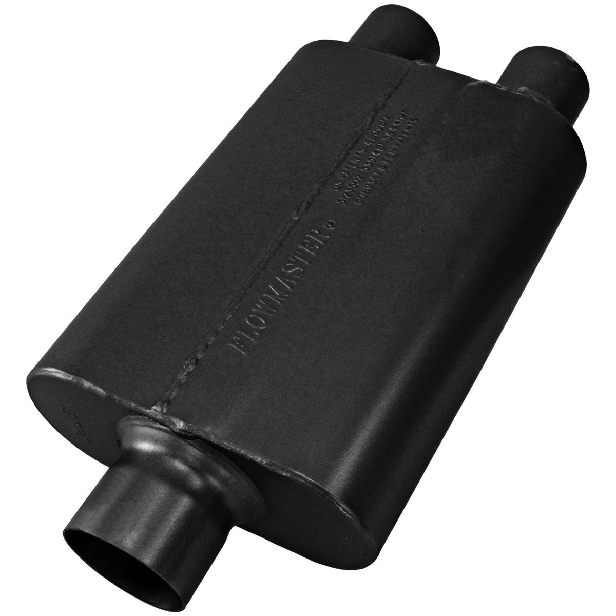 FLOWMASTER 40 Series Delta Flow Chambered Muffler 40 Delta Flow Stainless Steel 3.00 Center In 2.50 Dual Out Aggressive Sound