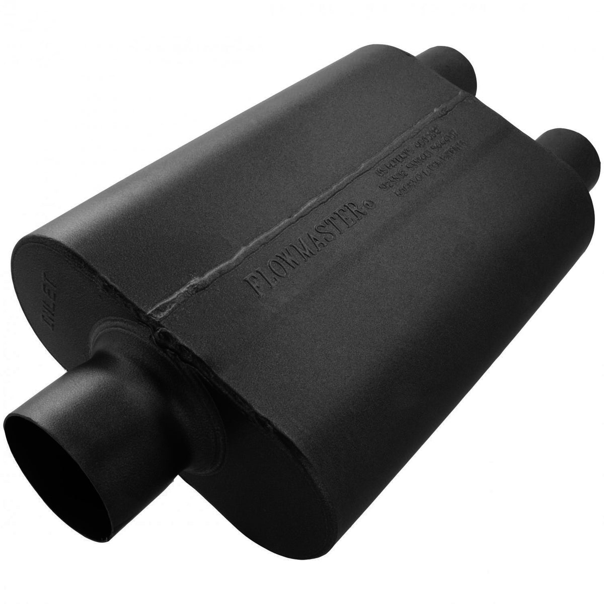 FLOWMASTER 40 Series Delta Flow Chambered Muffler 40 Delta Flow Stainless Steel 3.00 Center In 2.50 Dual Out Aggressive Sound