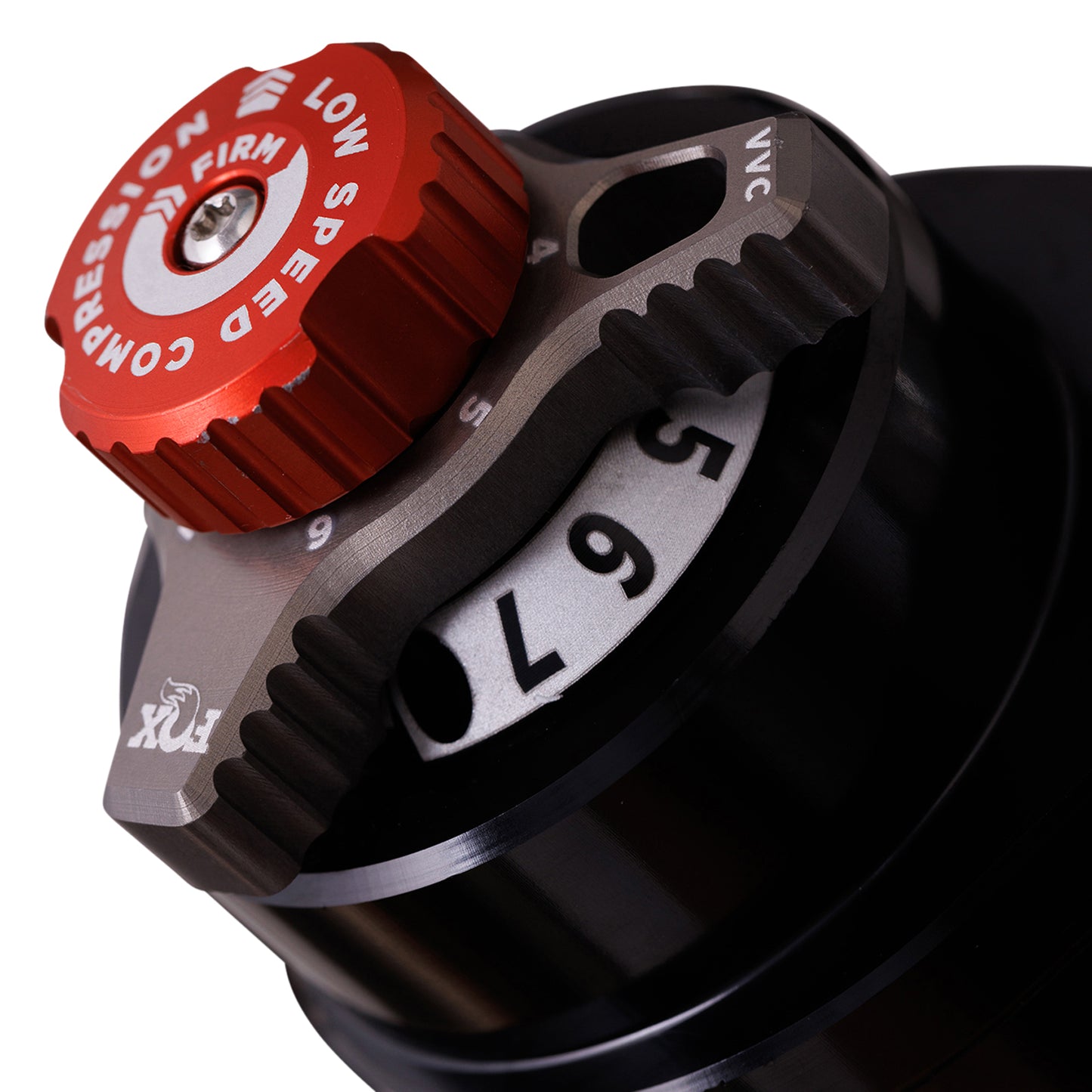 FOX | Shock Absorber 24-On Toyota Tacoma Front Coilover 2.5 Truck Performance Elite Series Remote Reservoir Dual Speed Compression Evo 1-3 Inch Lift Kit | 883-06-224 adjustment knob close-up
