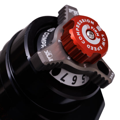FOX | Shock Absorber 24-On Toyota Tacoma Front Coilover 2.5 Truck Performance Elite Series Remote Reservoir Dual Speed Compression Evo 1-3 Inch Lift Kit | 883-06-224 adjustment knob close-up detail