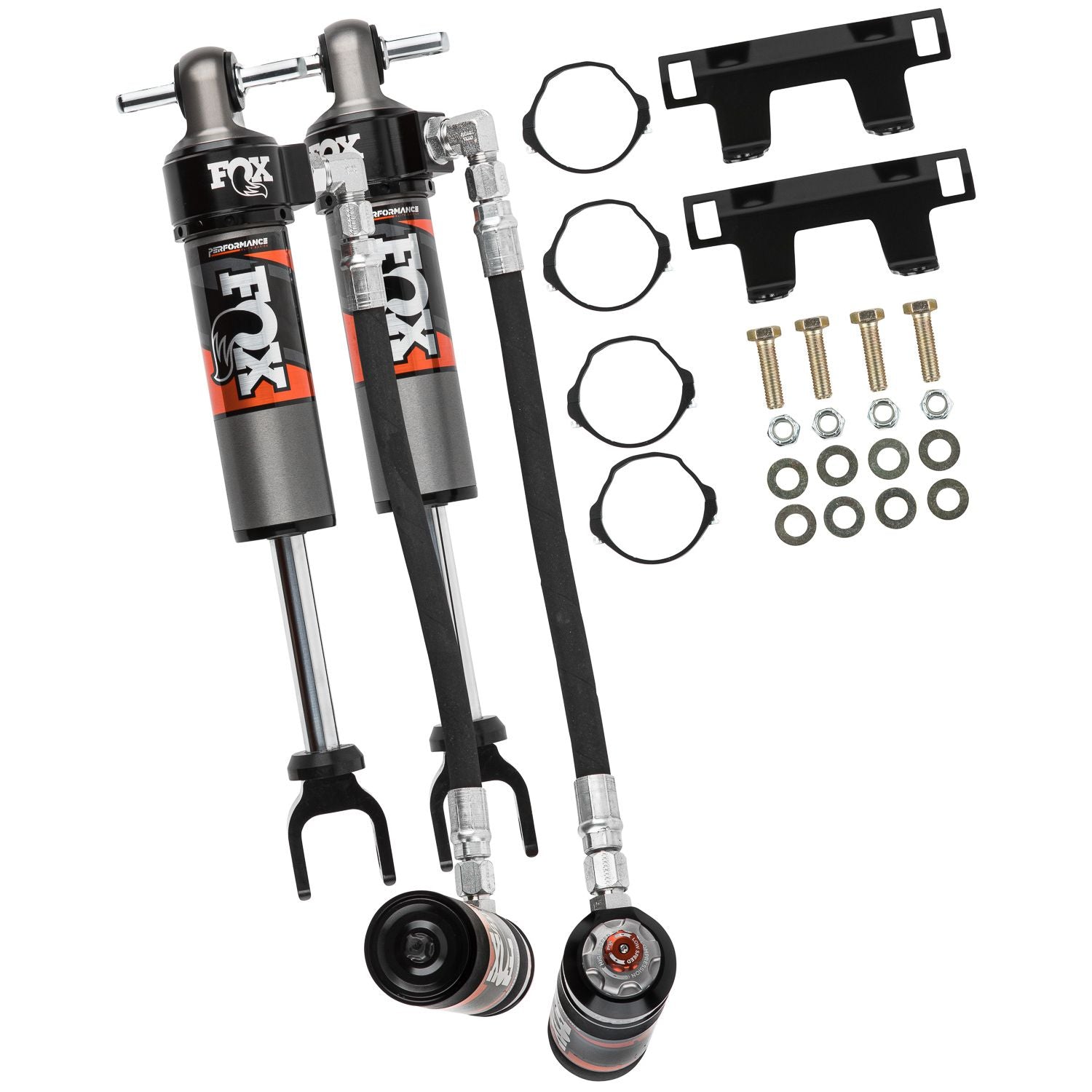 FOX | Shock Absorber 20-On Gm 2500/3500 W/ Uca Front 2.5 Truck Performance Elite Series Remote Reservoir 5.7 Inch 1.5-2.5 Inch Lift Dual Speed Compression Kit | 883-26-084 components and hardware.