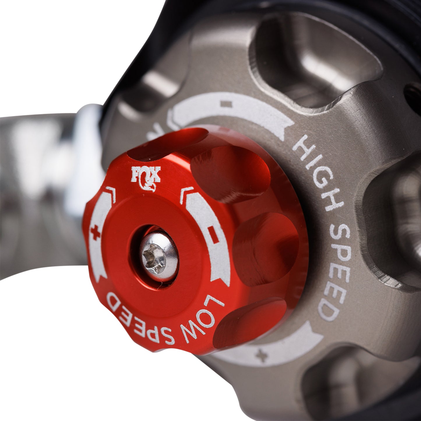 FOX | Shock Absorber 07-18 Jeep Wrangler JK Front Internal Bypass 2.5 Factory Race Series Remote Reservoir 2.5-4 Inch Lift Dual Speed Compression Kit | 883-26-109 adjustment knobs close-up