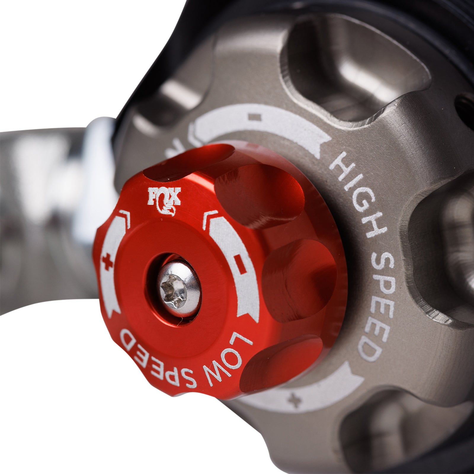 FOX | Shock Absorber 07-18 Jeep Wrangler JK Front Internal Bypass 2.5 Factory Race Series Remote Reservoir 2.5-4 Inch Lift Dual Speed Compression Kit | 883-26-109 adjustment knobs close-up