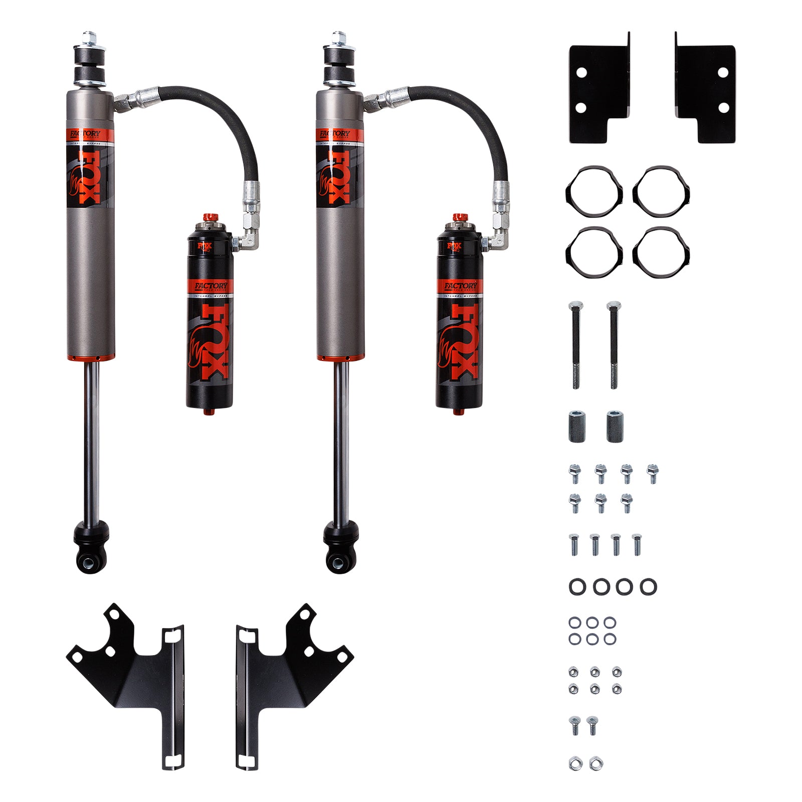 FOX | Shock Absorber 07-18 Jeep Wrangler JK Front Internal Bypass 2.5 Factory Race Series Remote Reservoir 2.5-4 Inch Lift Dual Speed Compression Kit | 883-26-109 with components.
