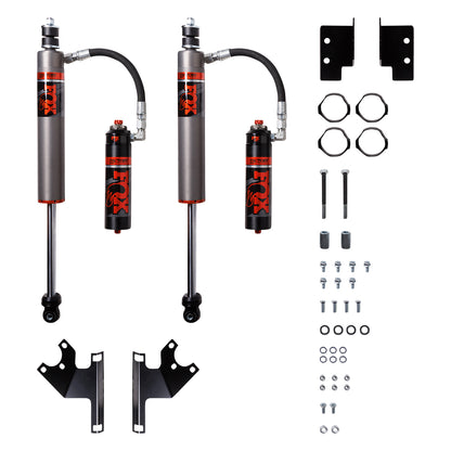 FOX | Shock Absorber 07-18 Jeep Wrangler JK Front Internal Bypass 2.5 Factory Race Series Remote Reservoir 2.5-4 Inch Lift Dual Speed Compression Kit | 883-26-109 with components.