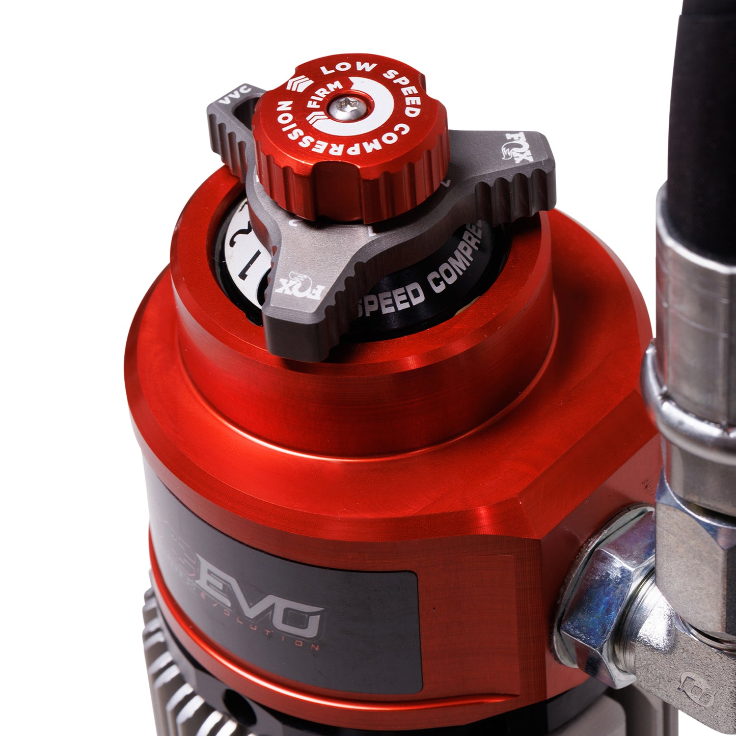 FOX | Shock Absorber 24-On Toyota Tacoma Rear Internal Bypass 3.0 Series Remote Reservoir Dual Speed Compression Evo 0-1 Inch Lift Kit | 883-26-149 close-up view of adjustment knob