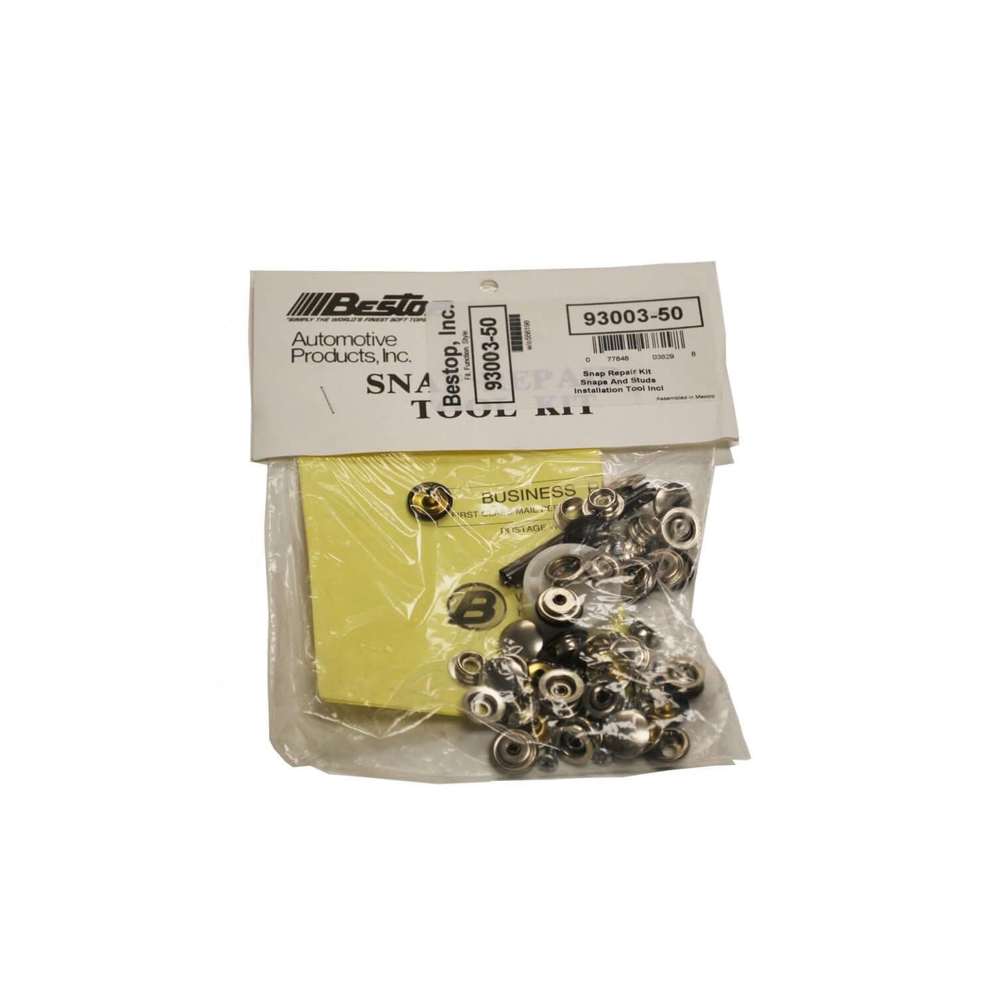 BESTOP | Snap Repair Kit For Jeep 1955-1995 CJ5/CJ7/Wrangler YJ Silver Bestop | 93003-50 in packaging with snaps and installation tool.
