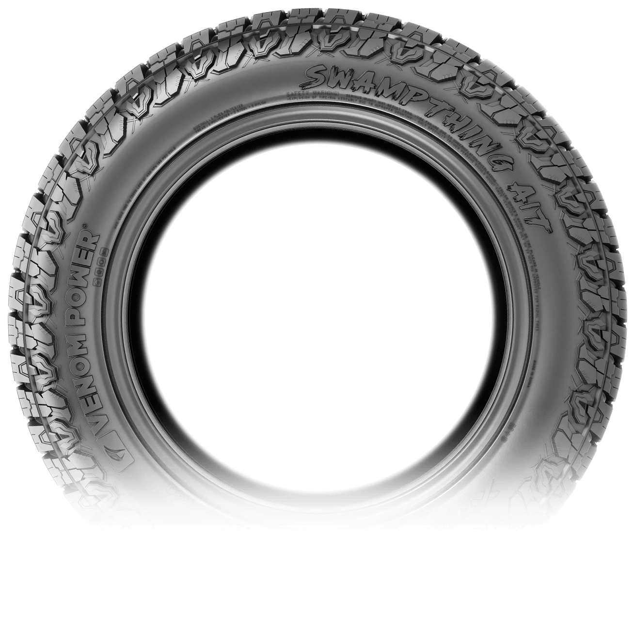 VENOM Swampthing A/T tire showcasing rugged all-terrain design and durability for adventurous driving.