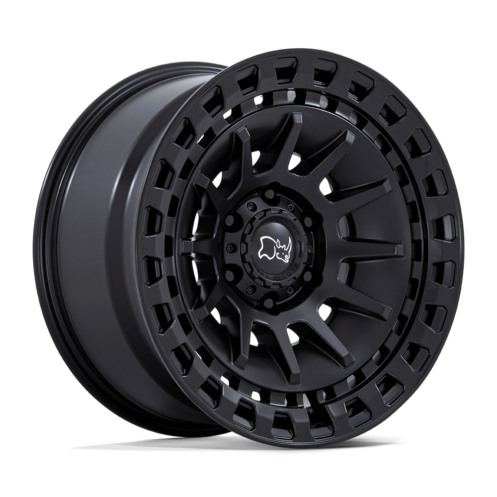 Black Rhino BARRAGE Matte Black off-road wheel featuring concave monoblock construction and multi-spoke design.