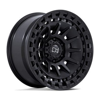 Black Rhino BARRAGE Matte Black off-road wheel with concave design and brake cooling features.