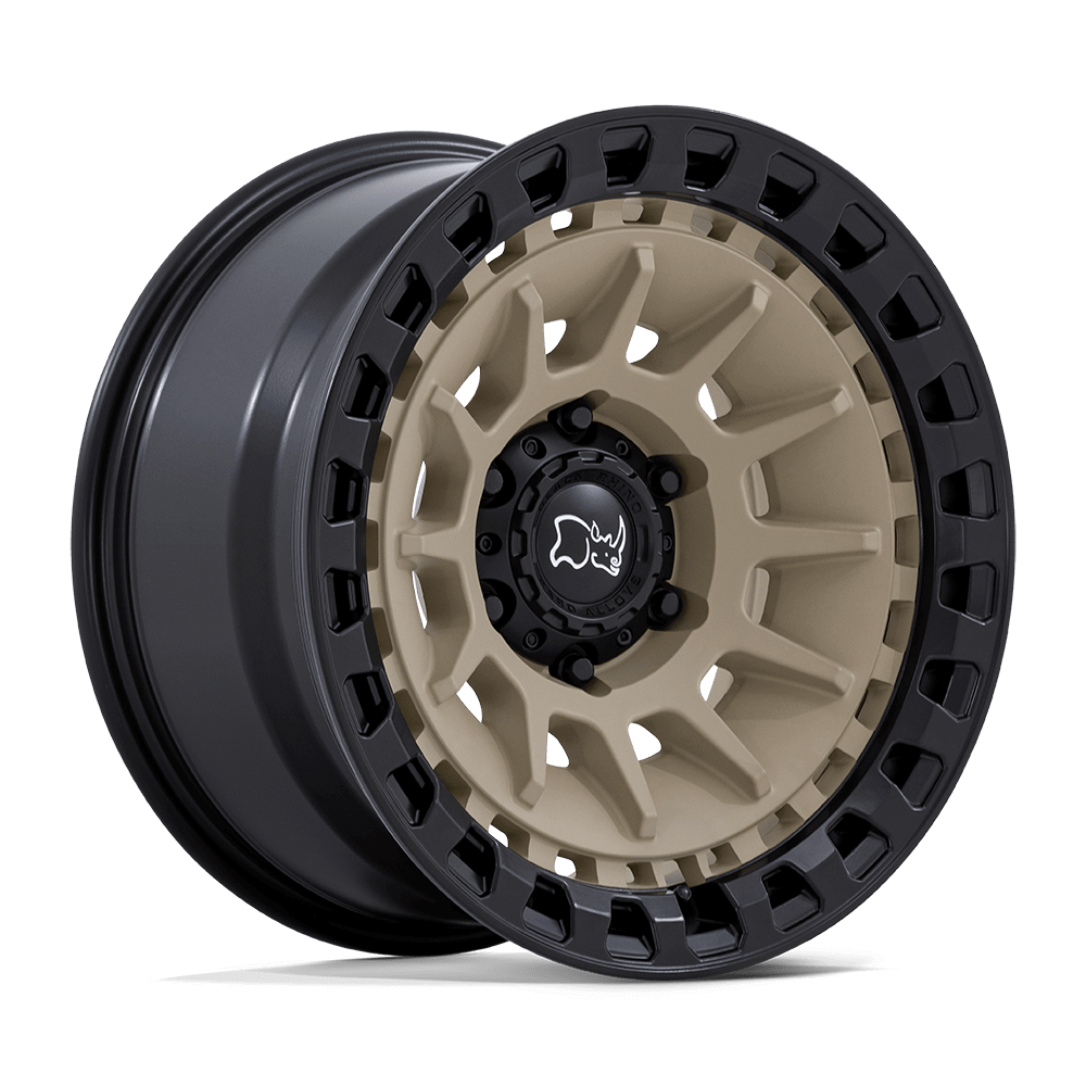 Black Rhino BARRAGE Desert Sand On Matte Black off-road wheel with concave design and durable lip treatment.