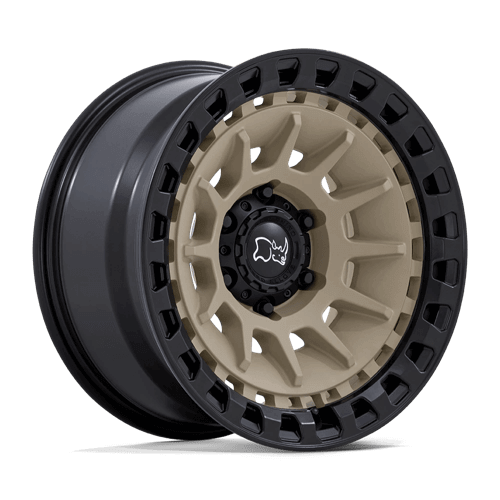 Black Rhino BARRAGE Desert Sand On Matte Black off-road wheel with concave monoblock design.