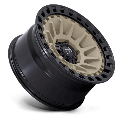 Black Rhino BARRAGE Desert Sand On Matte Black wheel showcasing concave monoblock design and multi-spoke profile.
