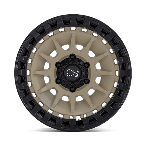 Black Rhino BARRAGE Desert Sand On Matte Black wheel showing concave monoblock construction and multi-spoke design.