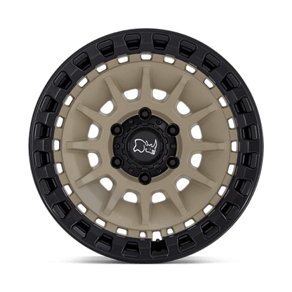Black Rhino BARRAGE Desert Sand On Matte Black wheel showing concave monoblock construction and multi-spoke design.