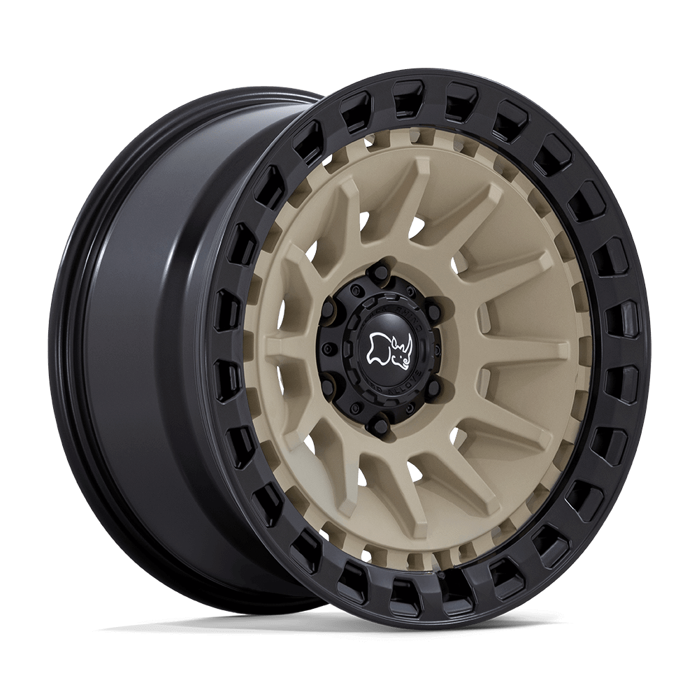 Black Rhino BARRAGE Desert Sand On Matte Black off-road wheel showcasing unique concave design and durable armored ring.