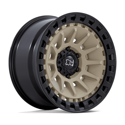 Black Rhino BARRAGE Desert Sand On Matte Black off-road wheel showcasing unique concave design and durable armored ring.