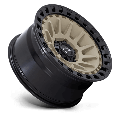 Black Rhino BARRAGE Desert Sand On Matte Black off-road wheel showcasing concave design and durable construction.