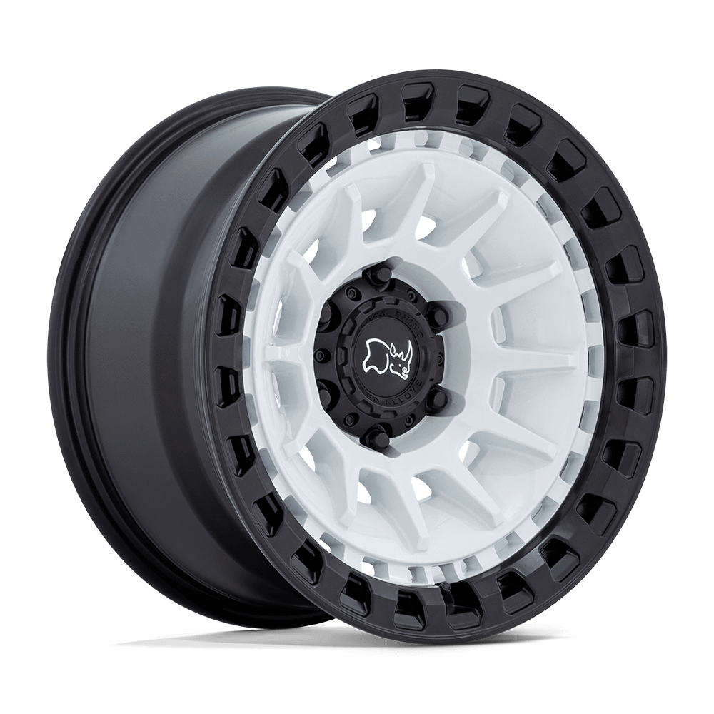 Black Rhino BARRAGE Gloss White On Matte Black wheel showcasing its concave monoblock construction.