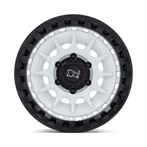 Black Rhino BARRAGE Gloss White On Matte Black wheel designed for off-road trucks, Jeeps, and SUVs.